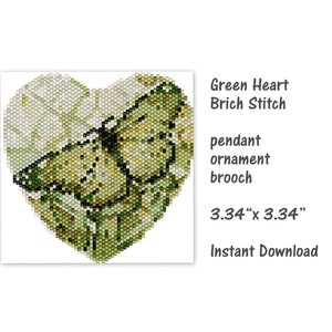 Green Heart Brick stitsh pendant, ornament, brooch, PDF Pattern, Beaded butterfly , seed bead pattern, PDF , miyuki delica pattern
