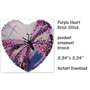 Purple Heart Brick stitsh pendant, ornament, brooch, PDF Pattern, Beaded butterfly , seed bead pattern, PDF , miyuki delica pattern