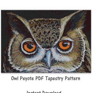 May include: A close-up of a beaded owl tapestry pattern, with orange eyes and brown, gray, and black feathers. The image is labeled "Owl Peyote PDF Tapestry Pattern" and "Instant Download".