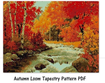 Höstlandskap Loom Tapestrymönster, LOOM Tapestrymönster, roskärpärlmönster, LOOM PDF-mönster, miyuki delica-mönster