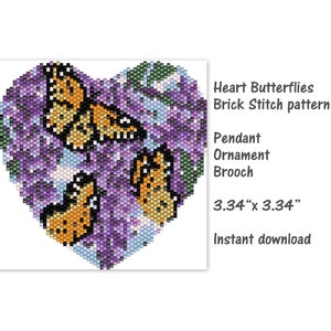 Heart Butterflies Brick stitsh pendant, ornament, brooch, PDF Pattern, Beaded butterfly , seed bead pattern, PDF , miyuki delica pattern