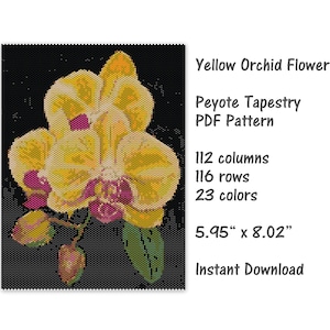 May include: A peyote tapestry pattern for a yellow orchid flower with pink accents. The pattern is 112 columns by 116 rows and uses 23 colors. The finished piece will be 5.95 inches by 8.02 inches.