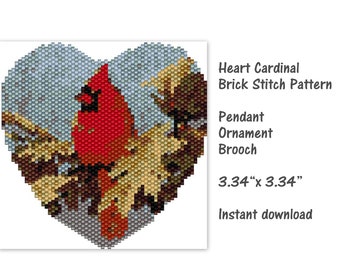 Puede incluir: Un patrón de abalorios de punto de ladrillo para un cardenal en forma de corazón, que mide 8,5 cm por 8,5 cm. El patrón se puede utilizar para crear un colgante, un adorno o un broche.
