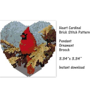 Heart Cardinal Brick Stitch pattern, pendant, ornament, brooch, PDF Patter,  seed bead pattern, PDF , miyuki delica pattern