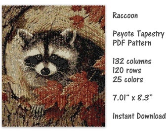 Raccoon Peyote Tapestry pattern, Peyote Tapestry Pattern, seed bead pattern, Peyote PDF pattern, miyuki delica pattern