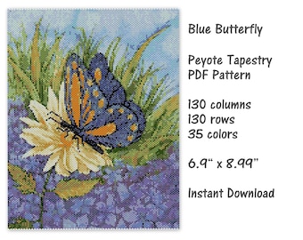 Blue Butterfly Peyote Tapestry Pattern,  Peyote Tapestry Pattern, seed bead pattern, Peyote PDF pattern, miyuki delica pattern