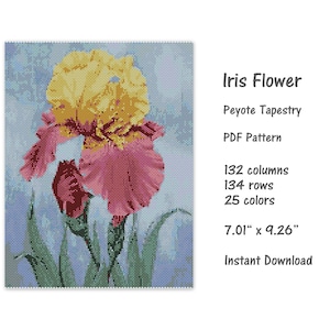 Może przedstawiać: Cyfrowy wzór PDF do gobelinu Peyote z kwiatem irysa. Projekt zawiera żółty i różowy irys na niebieskim tle. Wzór ma wymiary 17,8 cm x 23,5 cm i ma 132 kolumny, 134 rzędy i 25 kolorów.