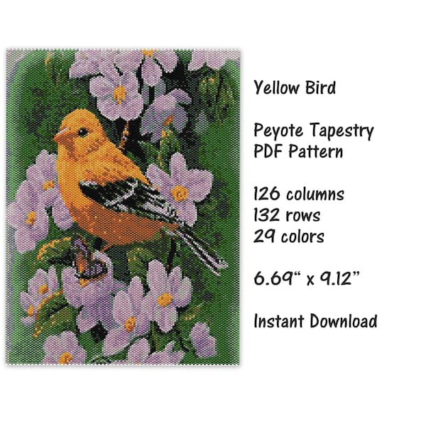 Yellow Bird Peyote PDF pattern, Peyote Tapestry Pattern, seed bead pattern, Peyote PDF pattern, miyuki delica pattern