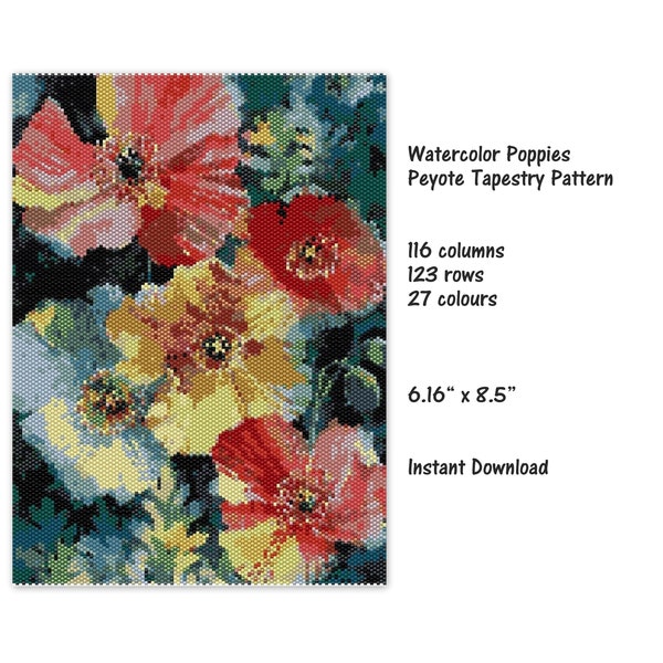Watercolor Poppies  peyote tapestry Pattern, Peyote Tapestry Pattern, seed bead pattern, Peyote PDF pattern, miyuki delica pattern