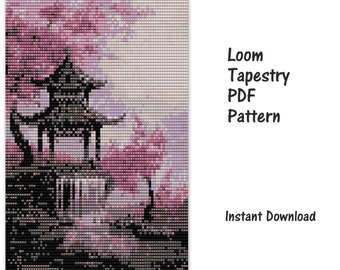 Mönster för vävstolsväv med japanskt vårlandskap, vävstolsvävmönster, mönster med rosor och pärlor, PDF-mönster för vävstol, miyuki delica-mönster