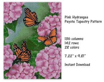 May include: A peyote tapestry pattern featuring pink hydrangeas and orange butterflies. The pattern is 7.22 inches by 9.81 inches and uses 28 colors. The pattern is available for instant download.