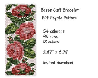 Roses Cuff Bracelet Peyote Pattern, Peyote stitch bracelet pattern, seed bead pattern, Peyote PDF pattern, miyuki delica pattern