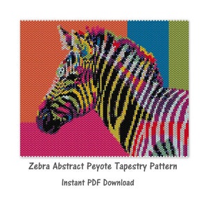 May include: A colourful abstract peyote tapestry pattern of a zebra's head. The zebra is made up of black, white, yellow, red, blue, and purple beads. The background is a mix of orange, pink, blue, and green.