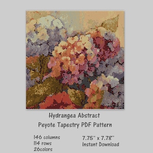 Puede incluir: Un patrón de tapiz de peyote de un ramo de hortensias para descargar digitalmente. El patrón mide 7,75 pulgadas por 7,78 pulgadas y utiliza 26 colores. La imagen muestra un primer plano del patrón del tapiz.
