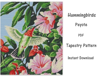 Hummingbirds Peyote Tapestry Pattern, Peyote Tapestry Pattern, seed bead pattern, Peyote PDF pattern, miyuki delica pattern