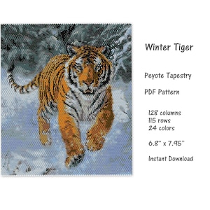 May include: A digital pattern for a peyote tapestry of a tiger walking through a snowy forest. The pattern is 128 columns by 115 rows and uses 24 colours. The finished tapestry will be 6.8 inches by 7.95 inches.
