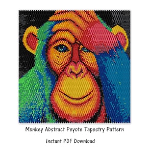 Puede incluir: Un patrón de tapiz de peyote abstracto colorido de un mono con la mano sobre el ojo. El mono está hecho de cuentas de colores en tonos de azul, verde, rojo, naranja y amarillo. El fondo es negro.