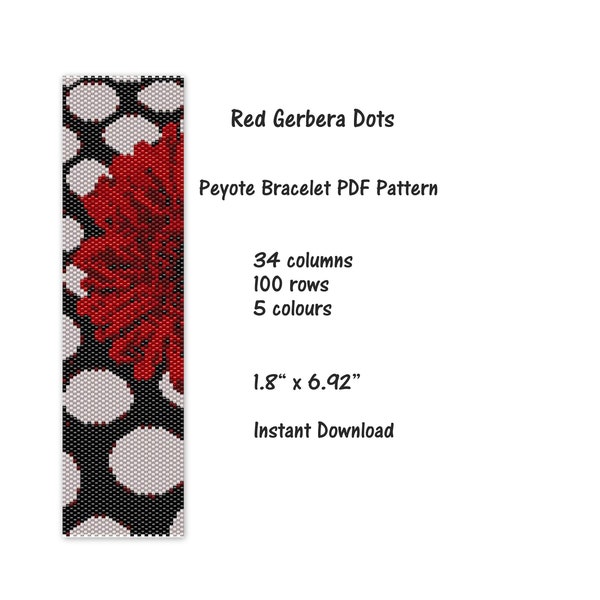 Red Gerbera Peyote Bracelet PDF Pattern, Peyote stitch bracelet pattern, seed bead pattern, Peyote PDF pattern, miyuki delica pattern