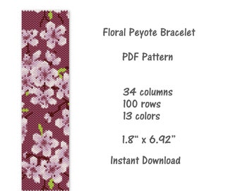 Floral Peyote bracelet pattern, Peyote stitch bracelet pattern, seed bead pattern,  Peyote PDF pattern,  miyuki delica pattern