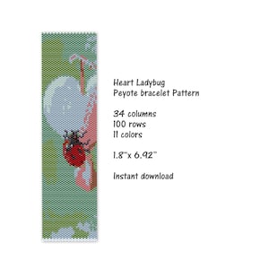 Peut inclure: Un modèle de bracelet en perles représentant une coccinelle sur une bulle en forme de cœur. Le motif est pour le point de peyote et nécessite 34 colonnes, 100 rangées et 11 couleurs. Le bracelet fini mesurera 1,8 pouce par 6,92 pouces.