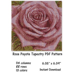 Op de afbeelding: Een digitaal PDF-patroon voor een geborduurde roos-wandkleed, met 114 kolommen, 88 rijen en 13 kleuren. Het afgewerkte wandkleed meet 15,4 cm bij 15,5 cm.