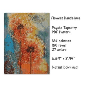 May include: A digital pattern for a peyote tapestry featuring a close-up of three orange and yellow dandelions with blue and white background. The pattern is 124 columns by 130 rows and uses 27 colours. The finished tapestry will be 6.59 inches by 8.99 inches.