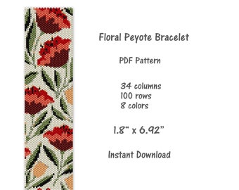 Floral Peyote bracelet pattern, Peyote stitch bracelet pattern, seed bead pattern,  Peyote PDF pattern,  miyuki delica pattern