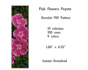 Pink Flower Peyote Bracelet Pattern,  Peyote stitch bracelet pattern, seed bead pattern,  Peyote PDF pattern,  miyuki delica pattern