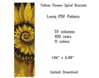 May include: A digital loom pattern for a yellow flower spiral bracelet. The design features a sunflower with yellow and black pixelated details. The pattern is 1.86" x 6.88" and requires 11 colors, 35 columns, and 100 rows.