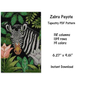 May include: A black and white zebra with a pink flower in its mouth, surrounded by green leaves. The image is a beading pattern for a tapestry, with 118 columns, 139 rows, and 19 colors. The finished tapestry will be 6.27 inches by 9.61 inches.