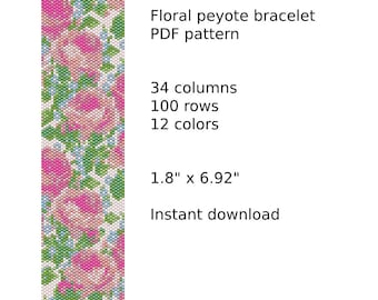 Floral Peyote bracelet pattern, Peyote stitch bracelet pattern, seed bead pattern,  Peyote PDF pattern,  miyuki delica pattern