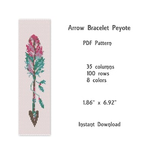 May include: A PDF pattern for a beaded arrow bracelet with a pink and green feather design. The pattern is 1.86 inches wide and 6.92 inches long, and uses 35 columns, 100 rows, and 8 colors.