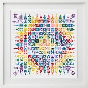 May include: A colorful rainbow pattern of geometric shapes and designs, created with cross-stitch embroidery. The pattern is made up of small squares, each with a different design. The colors of the rainbow are represented in the pattern, with red at the top and violet at the bottom.
