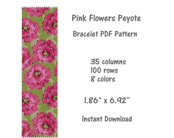 Pink Flowers Peyote Bracelet Pattern, Peyote stitch bracelet pattern, seed bead pattern,  Peyote PDF pattern,  miyuki delica pattern