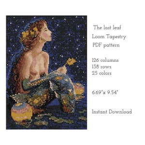 May include: A digital PDF pattern for a loom tapestry depicting a woman with long brown hair sitting on a rock with a blue background. The pattern is 126 columns by 138 rows and uses 25 colors. The finished tapestry will be 6.69 inches by 9.54 inches.
