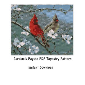 May include: A digital download pattern for a peyote stitch tapestry featuring two cardinals perched on a branch with white blossoms. The pattern is titled "Cardinals Peyote PDF Tapestry Pattern" and includes the words "Instant Download".