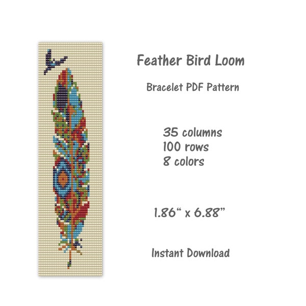 Feather Bird Loom Bracelet pattern, Loom stitch bracelet pattern, seed bead pattern, Loom PDF pattern, miyuki delica pattern