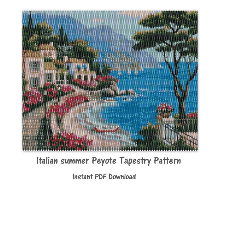 Puede incluir: Un patr&oacute;n de tapiz de cuentas de colores que representa un pueblo italiano junto al mar con casas blancas, un barco rojo y un &aacute;rbol verde. El patr&oacute;n se titula "Italian summer Peyote Tapestry Pattern" y "Instant PDF Download".