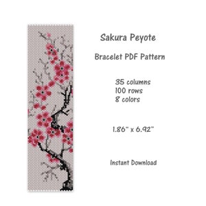 May include: A digital pattern for a beaded bracelet featuring a delicate sakura tree design. The pattern is 1.86 inches wide and 6.92 inches long, with 35 columns, 100 rows, and 8 colors. The pattern is available for instant download.