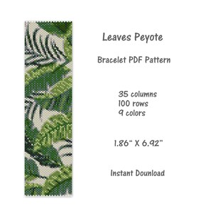 May include: A digital pattern for a peyote stitch bracelet featuring a green and white leaf design. The pattern is 1.86 inches wide and 6.92 inches long, and uses 9 colors. The pattern is available for instant download.