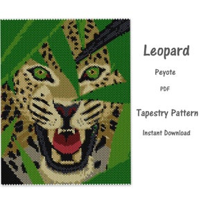 May include: A tapestry pattern featuring a leopard's face with green eyes, a red mouth, and tan and black spots. The design is set against a green background with the text "Leopard Peyote PDF Tapestry Pattern Instant Download."
