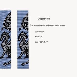 May include: Two vertical patterns for a dragon bracelet, featuring a dragon design in black and gray on a light blue background. The text reads "Dragon bracelet" and "Even peyote bracelet and loom bracelet pattern." The size is 1.28" x 6.68".