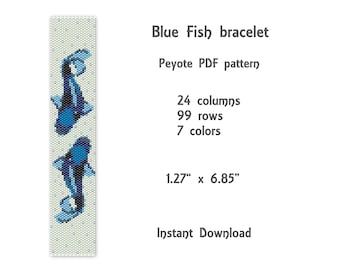 Blue fish peyote bracelet pattern,  Peyote stitch bracelet pattern, seed bead pattern,  Peyote PDF pattern,  miyuki delica pattern