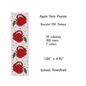 May include: A digital pattern for a peyote stitch bracelet featuring red apples with green leaves on a white background with black dots. The pattern is 1.86 inches by 6.92 inches and uses 7 colors. The pattern is for instant download.
