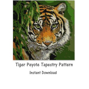 May include: A close-up of a tiger's face, with green eyes, orange and black stripes, and a white muzzle. The tiger is surrounded by green foliage. The text "Tiger Peyote Tapestry Pattern" and "Instant Download" is below the image.