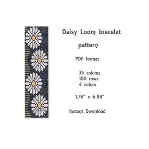 Op de afbeelding: Een digitaal patroon voor een madeliefje loom armband. Het patroon is voor een armband die 1,76 inch breed en 6,88 inch lang is. Het patroon vereist 33 kolommen, 100 rijen en 4 kleuren.