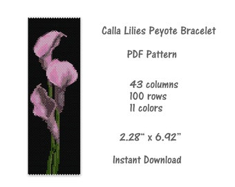Calla Lilies Peyote Cuff Bracelet Pattern, Peyote stitch bracelet pattern, seed bead pattern, Peyote PDF pattern, miyuki delica pattern