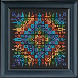 May include: A colorful cross-stitch pattern with a variety of geometric shapes and designs. The pattern is arranged in a rainbow gradient, with each row featuring a different color.