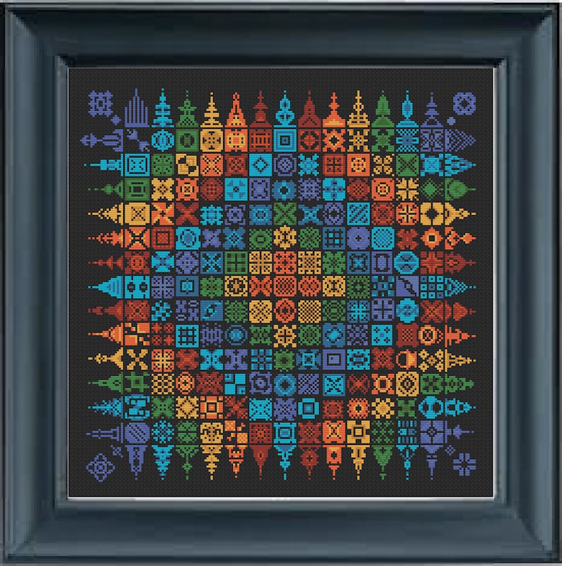 May include: A colorful cross-stitch pattern with a variety of geometric shapes and designs. The pattern is arranged in a rainbow gradient, with each row featuring a different color.