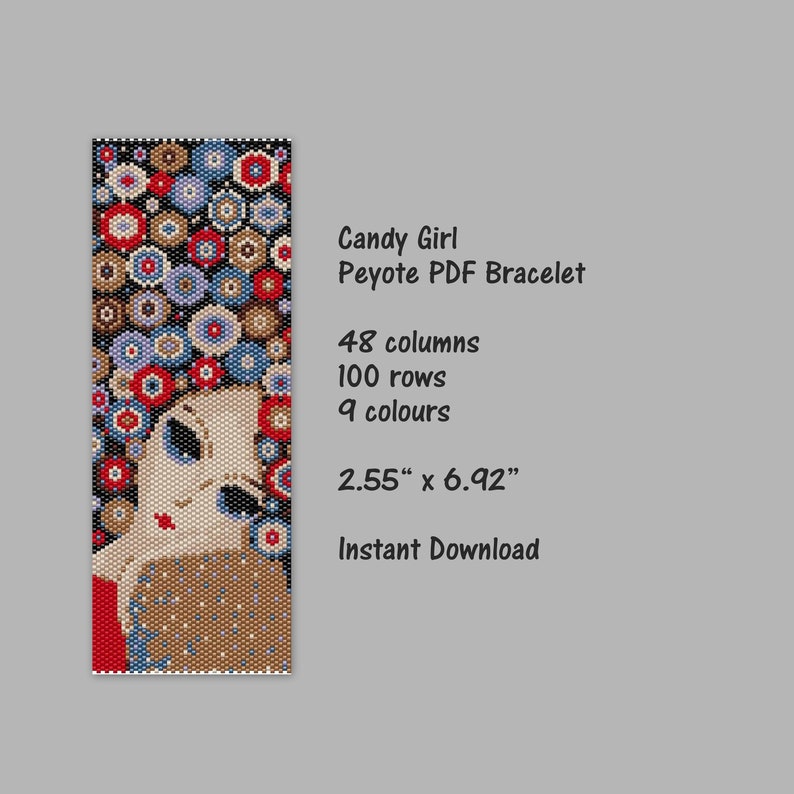 May include: A peyote stitch beading pattern for a bracelet featuring a colourful portrait of a woman with a floral headdress. The pattern is 48 columns by 100 rows and uses 9 colours. The finished bracelet will be 2.55 inches wide by 6.92 inches long. Instant download.